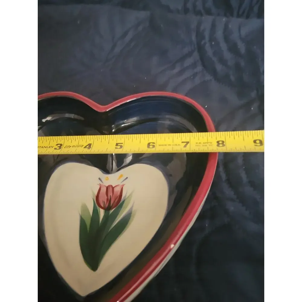 Heart Shape Bowl by P Silkotch Hand Painted Royal Blue‎ Pink Tulip 1992 Signed